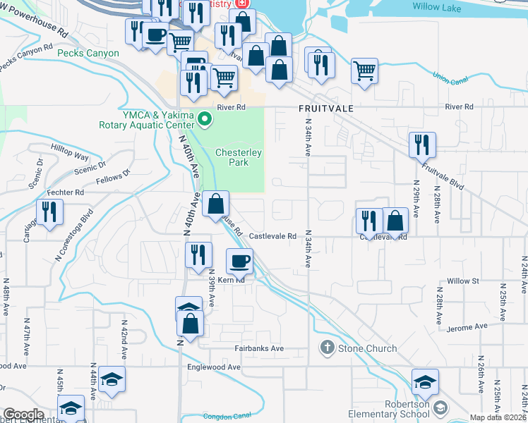 map of restaurants, bars, coffee shops, grocery stores, and more near Center Road in Yakima