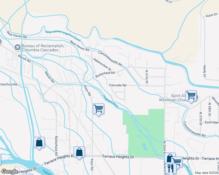 map of restaurants, bars, coffee shops, grocery stores, and more near 2640 Cascade Road in Yakima
