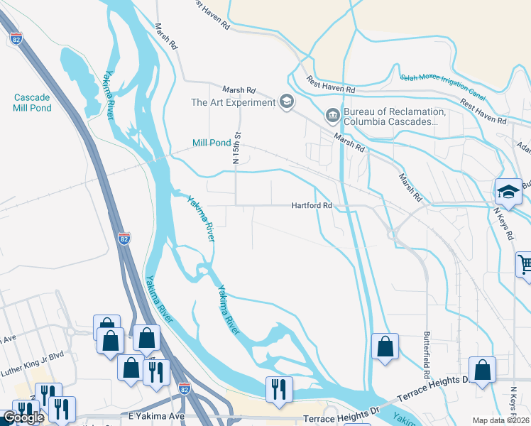 map of restaurants, bars, coffee shops, grocery stores, and more near 1663-1703 Hartford Road in Yakima