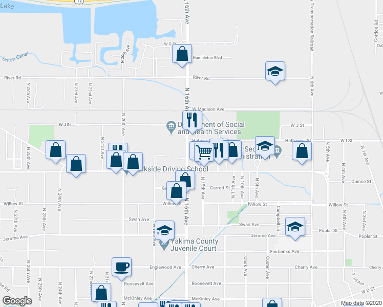 map of restaurants, bars, coffee shops, grocery stores, and more near 1510 Hathaway Street in Yakima
