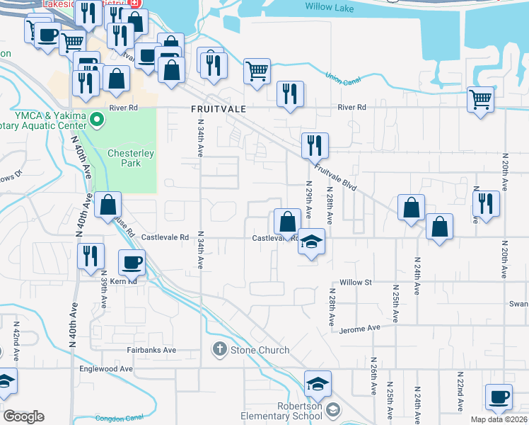 map of restaurants, bars, coffee shops, grocery stores, and more near 3005 Castlevale Rd in Yakima