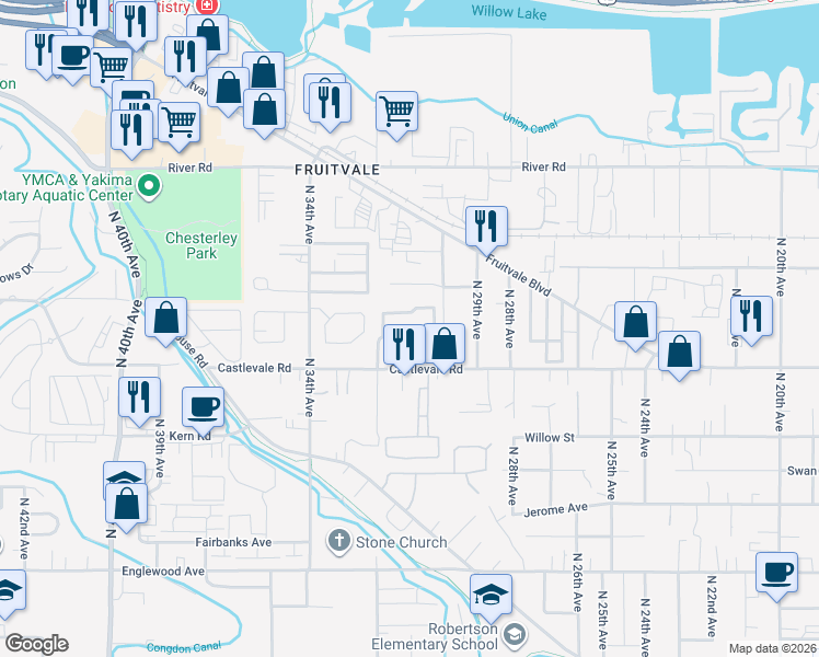 map of restaurants, bars, coffee shops, grocery stores, and more near 3005 Castlevale Rd in Yakima