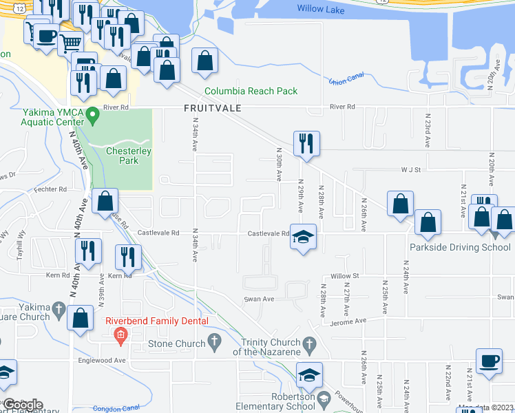 map of restaurants, bars, coffee shops, grocery stores, and more near 3005 Castlevale Road in Yakima