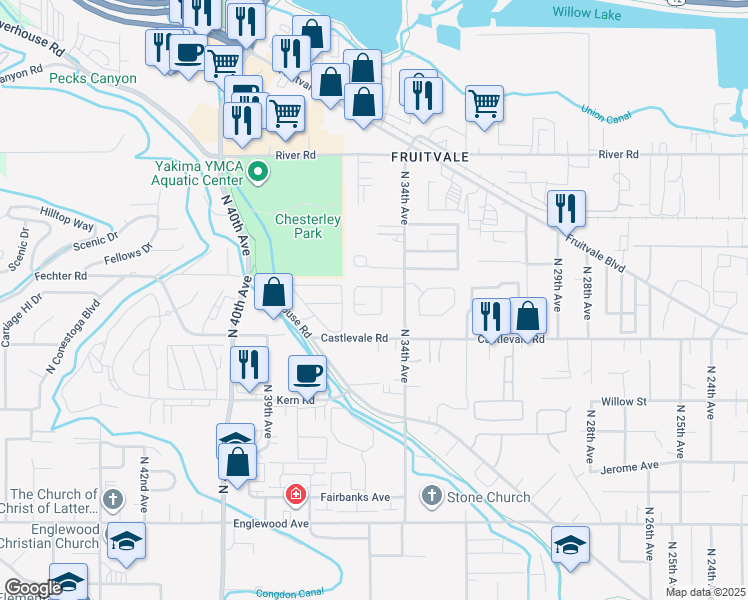map of restaurants, bars, coffee shops, grocery stores, and more near 3409 Cascade Loop in Yakima