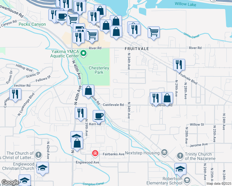 map of restaurants, bars, coffee shops, grocery stores, and more near 3517 Cascade Loop in Yakima