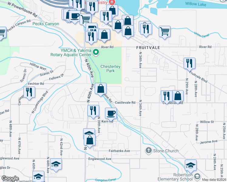 map of restaurants, bars, coffee shops, grocery stores, and more near Center Road in Yakima