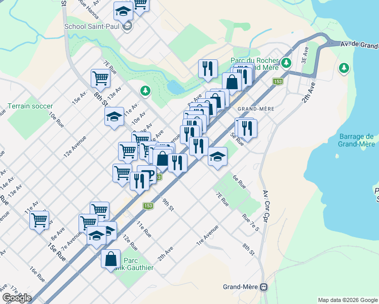 map of restaurants, bars, coffee shops, grocery stores, and more near 555 7E Rue in Shawinigan
