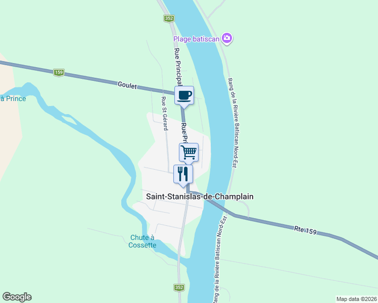 map of restaurants, bars, coffee shops, grocery stores, and more near 1485 Rue Principale in Saint-Stanislas-de-Champlain