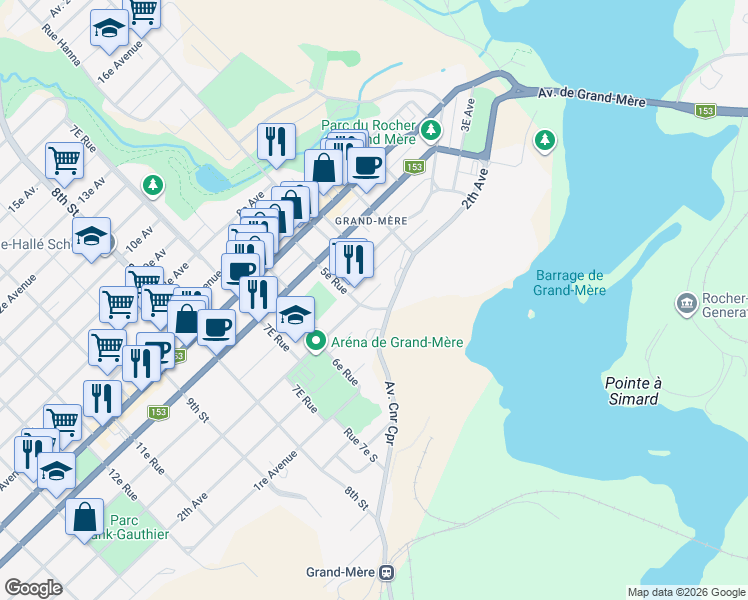 map of restaurants, bars, coffee shops, grocery stores, and more near 491 3e Av in Shawinigan