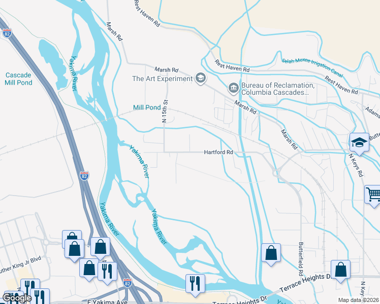 map of restaurants, bars, coffee shops, grocery stores, and more near 1663 Hartford Road in Yakima