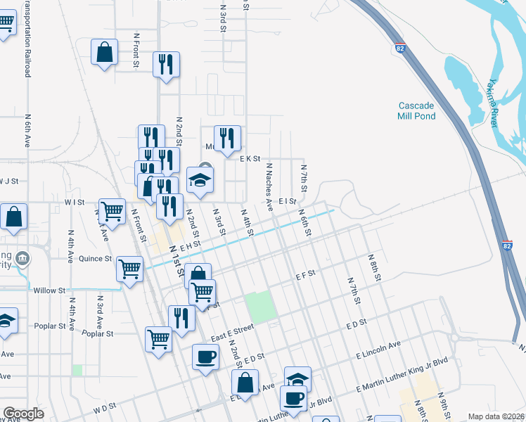 map of restaurants, bars, coffee shops, grocery stores, and more near 806 North Naches Avenue in Yakima