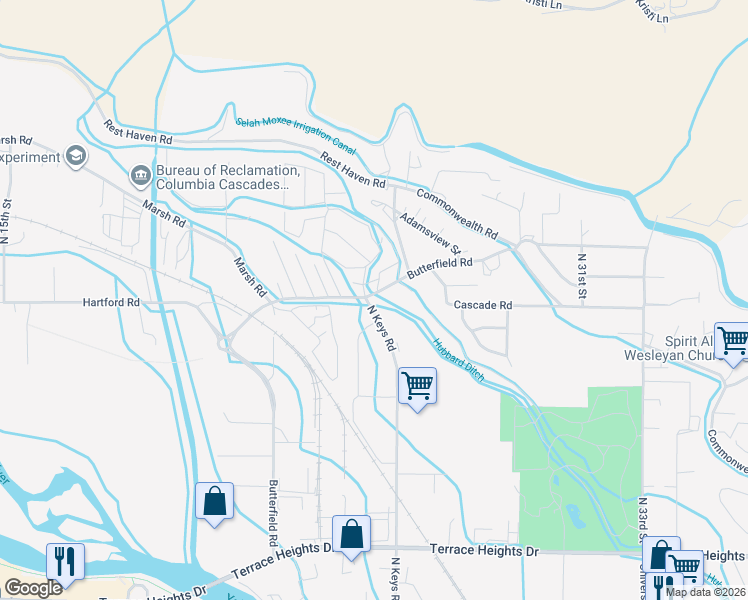 map of restaurants, bars, coffee shops, grocery stores, and more near 2307 Butterfield Road in Yakima