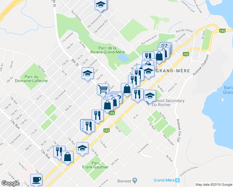 map of restaurants, bars, coffee shops, grocery stores, and more near 754 7e Avenue in Shawinigan