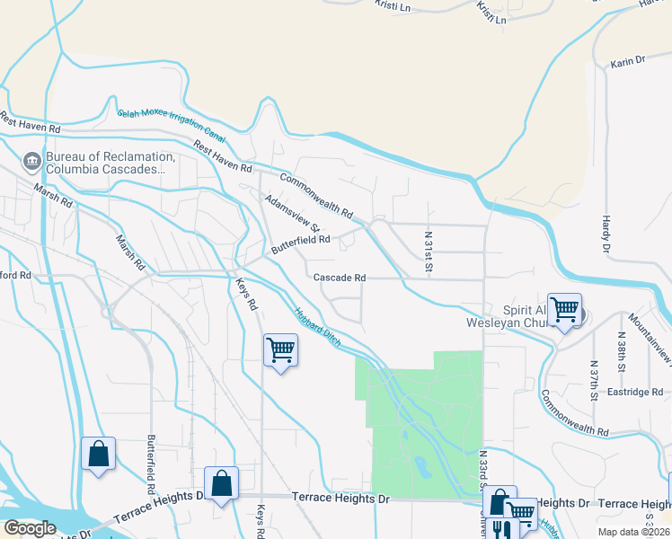 map of restaurants, bars, coffee shops, grocery stores, and more near 2703 Cascade Rd in Yakima