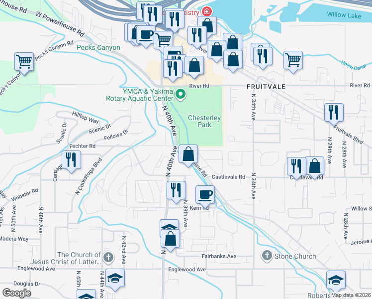 map of restaurants, bars, coffee shops, grocery stores, and more near 3911 Castlevale Road in Yakima