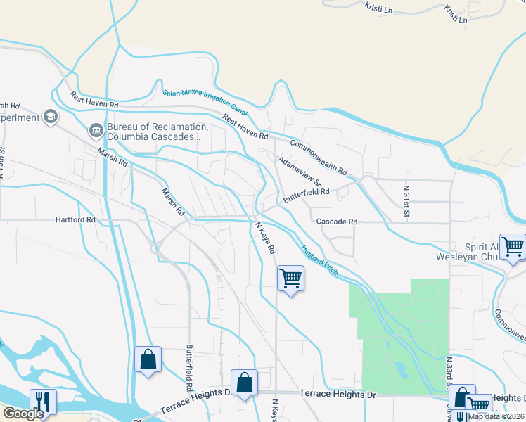 map of restaurants, bars, coffee shops, grocery stores, and more near 2307 Butterfield Road in Yakima