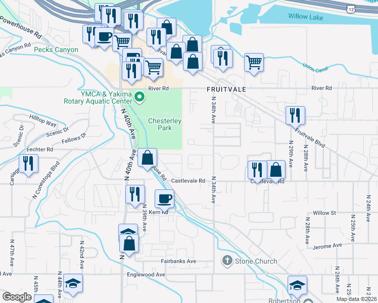 map of restaurants, bars, coffee shops, grocery stores, and more near 3517 Cascade Loop in Yakima