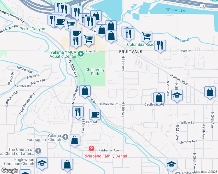 map of restaurants, bars, coffee shops, grocery stores, and more near 3517 Cascade Loop in Yakima