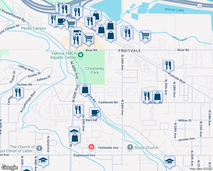 map of restaurants, bars, coffee shops, grocery stores, and more near 3517 Cascade Loop in Yakima