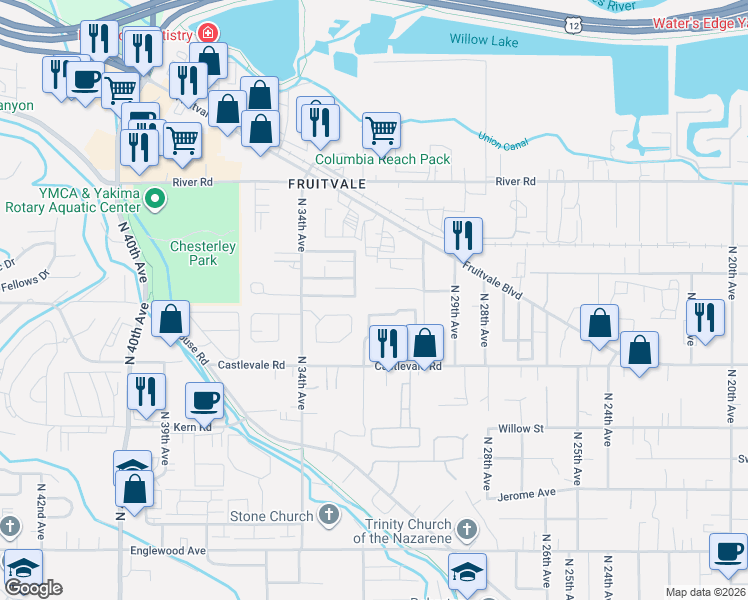 map of restaurants, bars, coffee shops, grocery stores, and more near 3005 Castlevale Rd in Yakima
