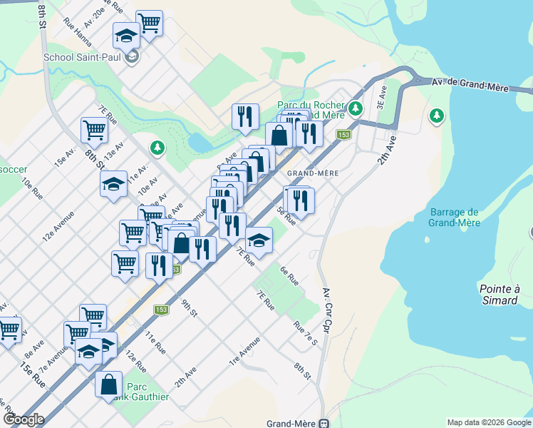 map of restaurants, bars, coffee shops, grocery stores, and more near 549 5e Avenue in Shawinigan