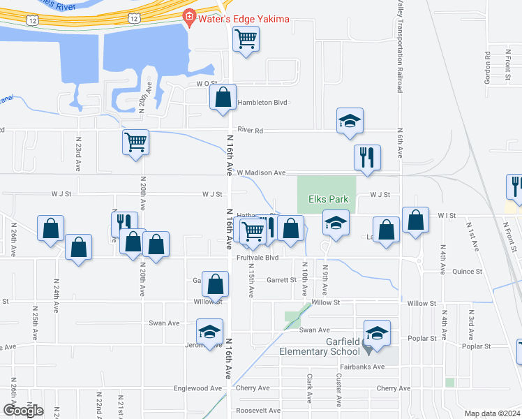 map of restaurants, bars, coffee shops, grocery stores, and more near 1417 Hathaway Street in Yakima