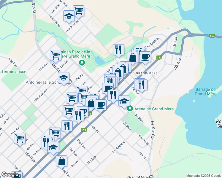 map of restaurants, bars, coffee shops, grocery stores, and more near 632 Avenue de Grand-Mère in Shawinigan
