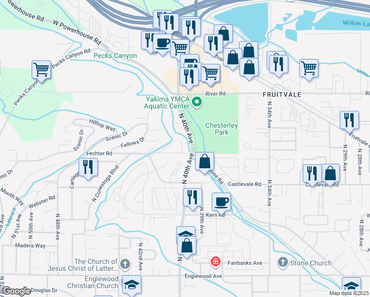 map of restaurants, bars, coffee shops, grocery stores, and more near in Yakima