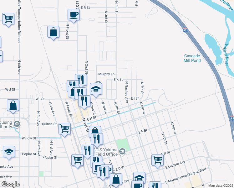 map of restaurants, bars, coffee shops, grocery stores, and more near 1004 North 4th Street in Yakima