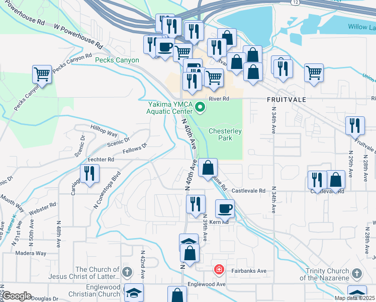 map of restaurants, bars, coffee shops, grocery stores, and more near 1011-1099 North 40th Avenue in Yakima