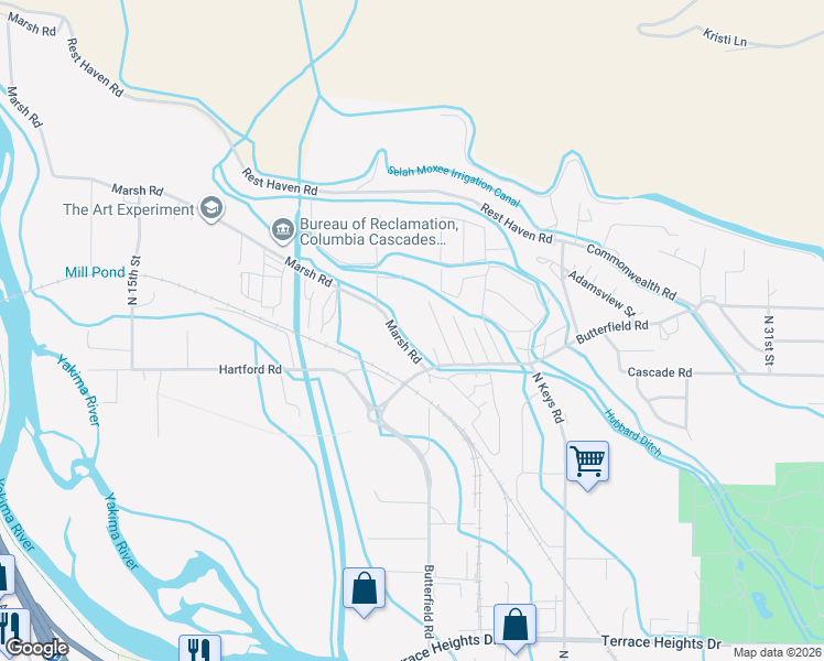 map of restaurants, bars, coffee shops, grocery stores, and more near 902 Boucher Lane in Yakima