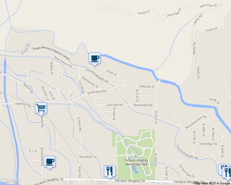 map of restaurants, bars, coffee shops, grocery stores, and more near 2801-2899 Butterfield Road in Yakima