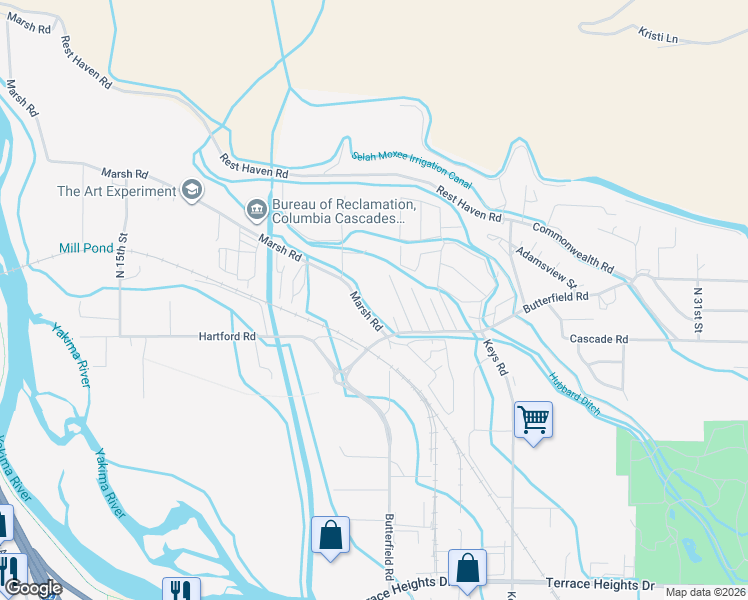 map of restaurants, bars, coffee shops, grocery stores, and more near 902 Boucher Lane in Yakima
