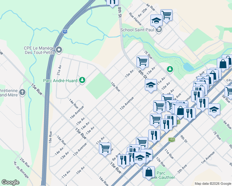 map of restaurants, bars, coffee shops, grocery stores, and more near 14e Avenue in Shawinigan