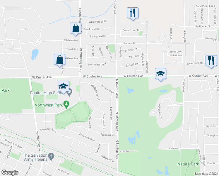 map of restaurants, bars, coffee shops, grocery stores, and more near 109 Elmwood Ln in Helena