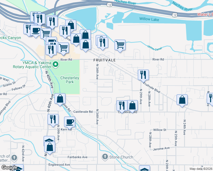 map of restaurants, bars, coffee shops, grocery stores, and more near 1001-1005 North 34th Avenue in Yakima