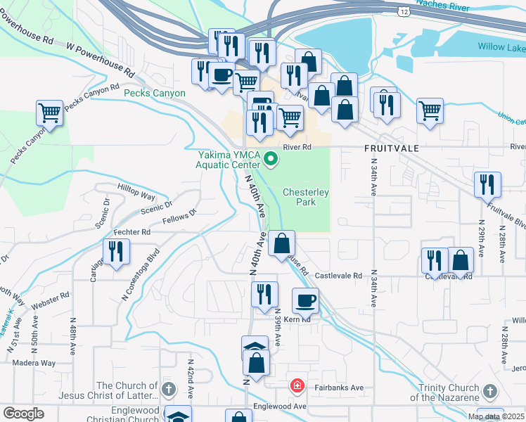 map of restaurants, bars, coffee shops, grocery stores, and more near 1011 North 40th Avenue in Yakima