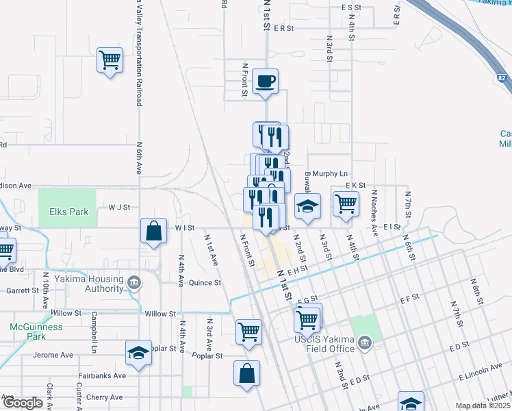 map of restaurants, bars, coffee shops, grocery stores, and more near 1022 North 1st Street in Yakima