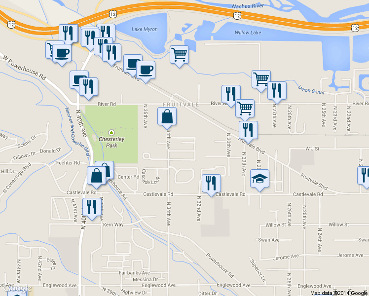 map of restaurants, bars, coffee shops, grocery stores, and more near 1001-1005 North 34th Avenue in Yakima