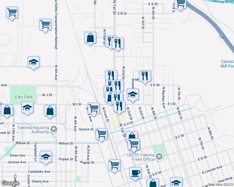 map of restaurants, bars, coffee shops, grocery stores, and more near 1013 North 1st Street in Yakima