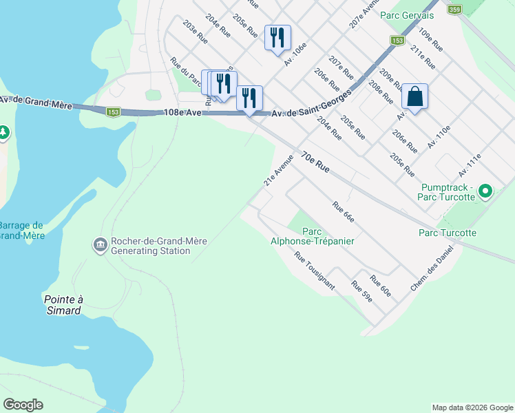 map of restaurants, bars, coffee shops, grocery stores, and more near 100 Rue Tousignant in Shawinigan