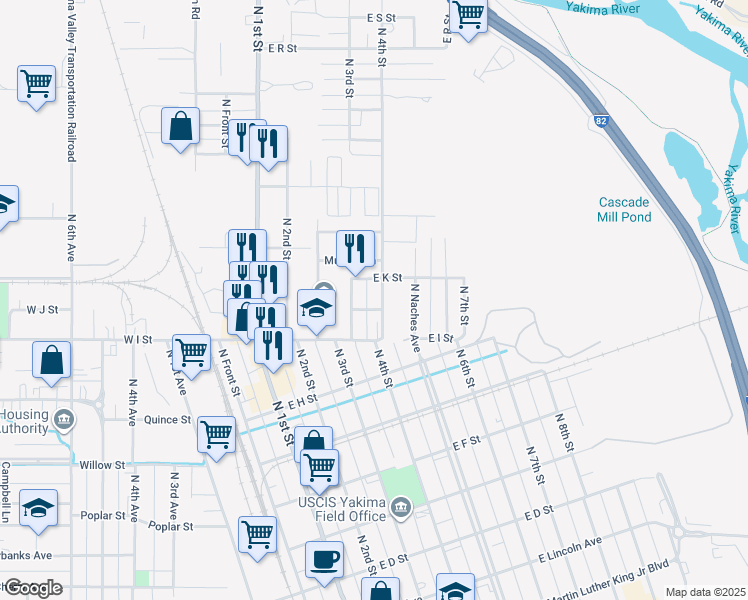 map of restaurants, bars, coffee shops, grocery stores, and more near 1004 North 4th Street in Yakima