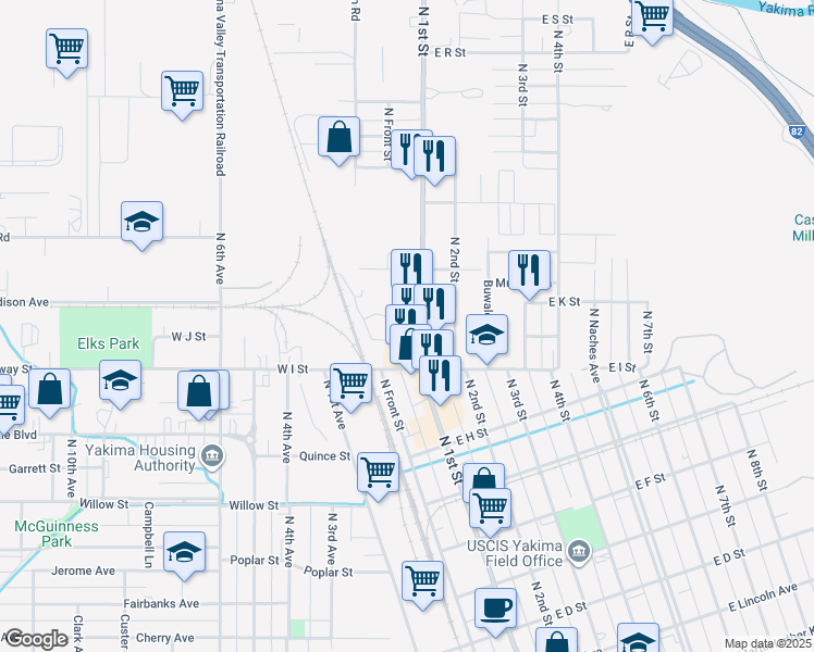 map of restaurants, bars, coffee shops, grocery stores, and more near 1022 North 1st Street in Yakima