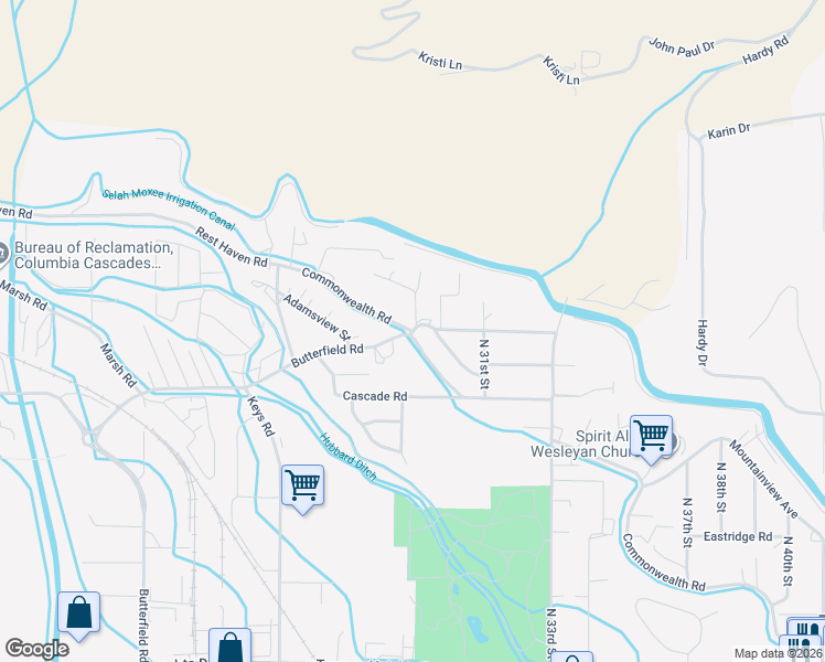 map of restaurants, bars, coffee shops, grocery stores, and more near 2899 Butterfield Road in Yakima