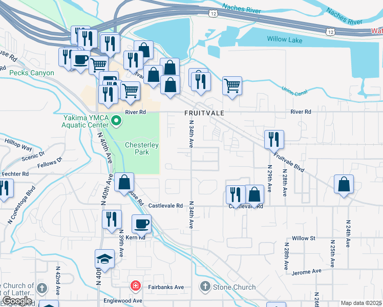 map of restaurants, bars, coffee shops, grocery stores, and more near 1005 North 34th Avenue in Yakima
