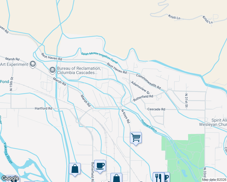 map of restaurants, bars, coffee shops, grocery stores, and more near 24 Skyline Place in Yakima