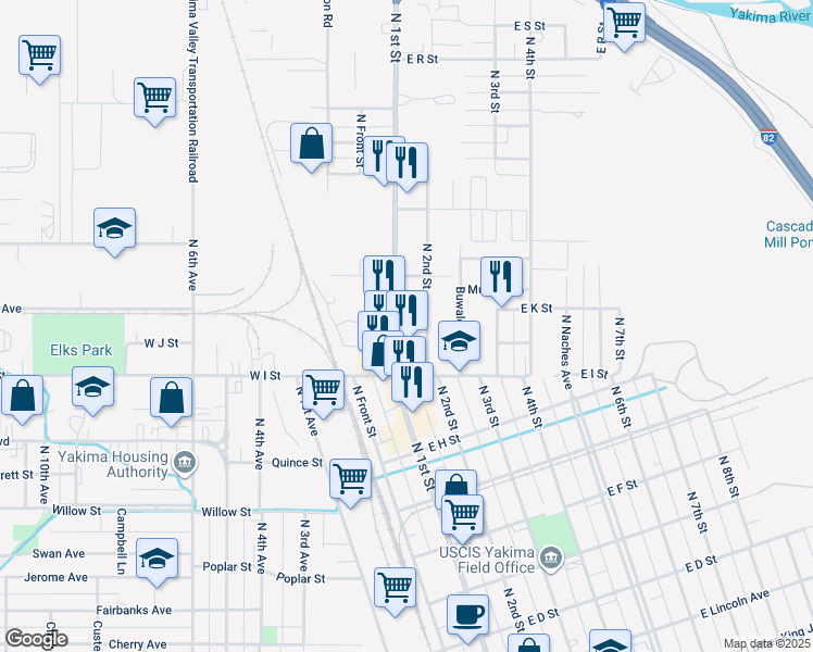 map of restaurants, bars, coffee shops, grocery stores, and more near 1013 North 1st Street in Yakima