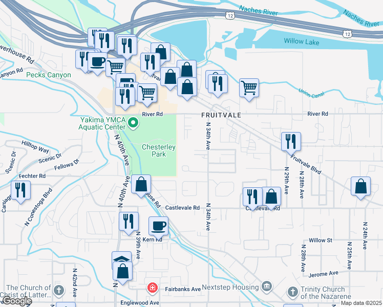 map of restaurants, bars, coffee shops, grocery stores, and more near 1014 North 34th Avenue in Yakima