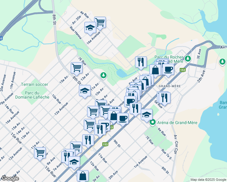 map of restaurants, bars, coffee shops, grocery stores, and more near 858 7 Rue in Shawinigan