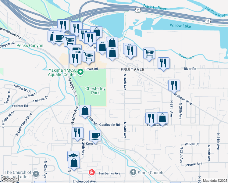 map of restaurants, bars, coffee shops, grocery stores, and more near 1100 North 35th Avenue in Yakima